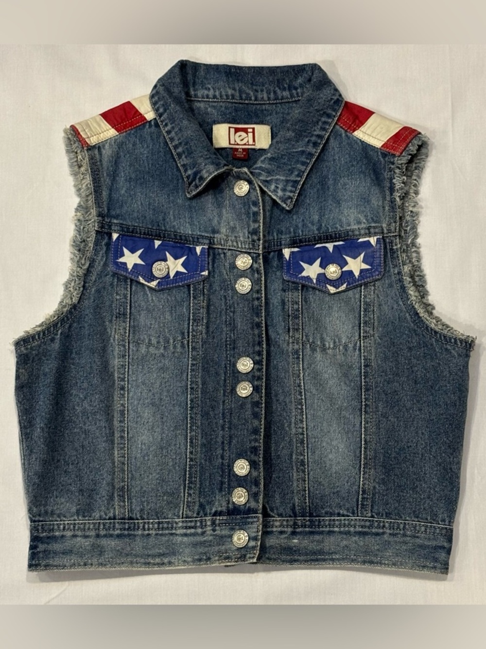 l.e.i. DEVIN American Flag Denim Vest Women's Medium Y2K Patriotic Stars Stripes